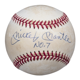 Mickey Mantle Signed & "No.7" Inscribed OAL Brown Baseball (Beckett)